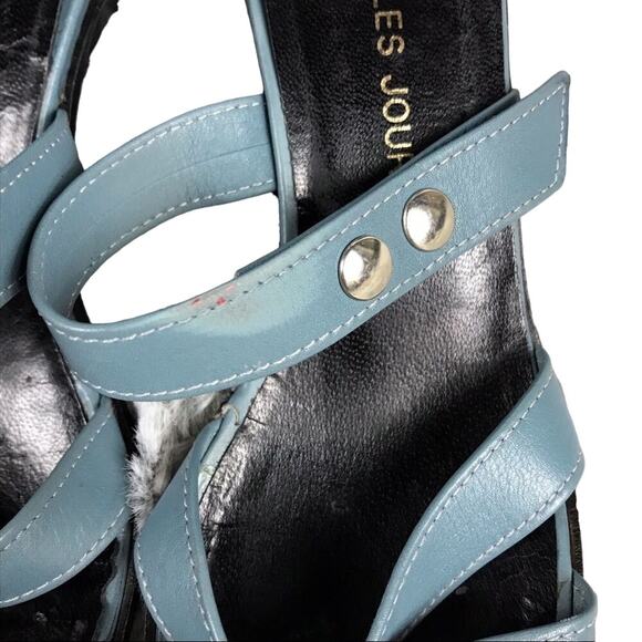 VINTAGE CHARLES JOURDAN Blue Leather Sandals Block Heels Italy 7.5 AA Narrow EUC - Picture 3 of 8